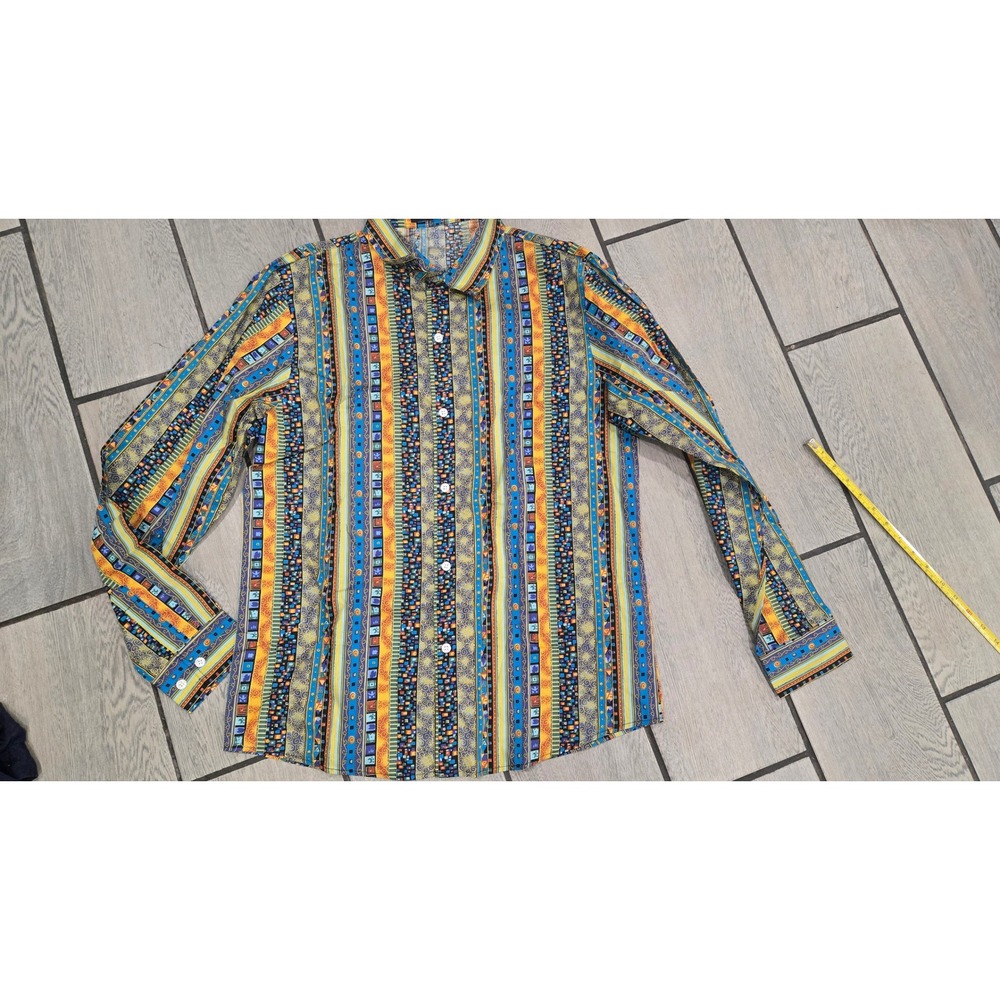 SSLR Mens Button Down Shirt Medium Long Sleeve Geometric Mosaic Stripe Blue Gold